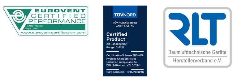 „Daikin“ AHU kokybės užtikrinimo sertifikatų logotipai