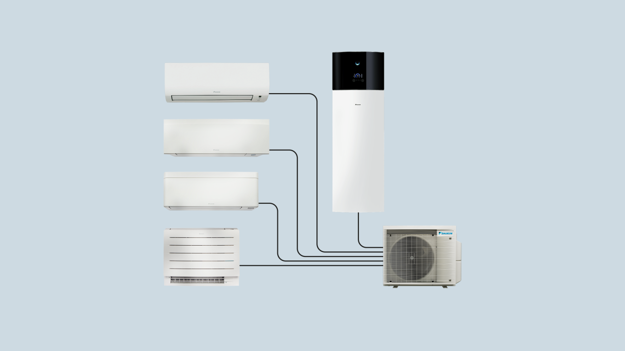 Penkių prijungtų „Daikin“ įrenginių iliustracija