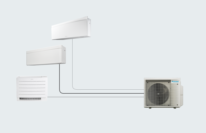 Penkių prijungtų „Daikin“ įrenginių iliustracija